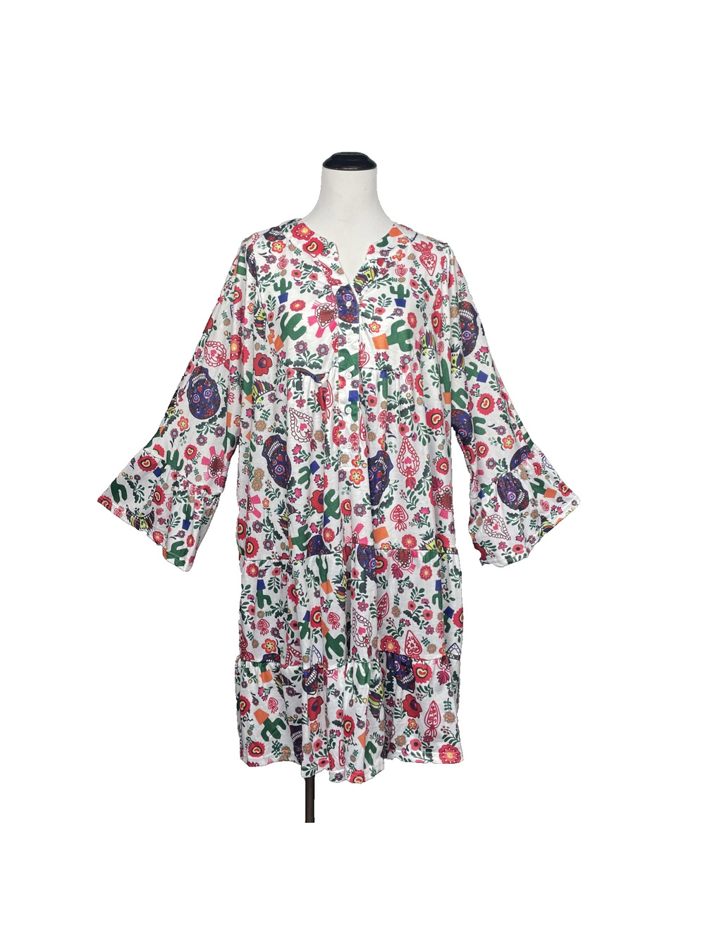 NWT SHEILAY Womens 2XL Boho Floral Cactus Sugar Skull Tunic Dress Bell Sleeve
